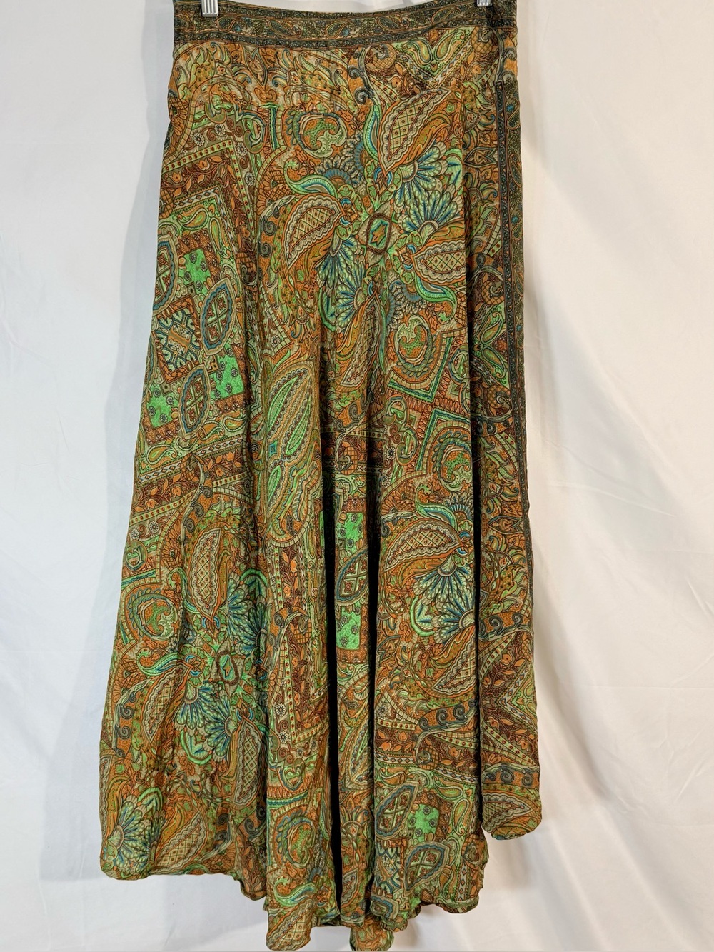 Rhea Silk Blend Lightweight Flowy Bohemian Paisley Asymmetrical Maxi Skirt OS